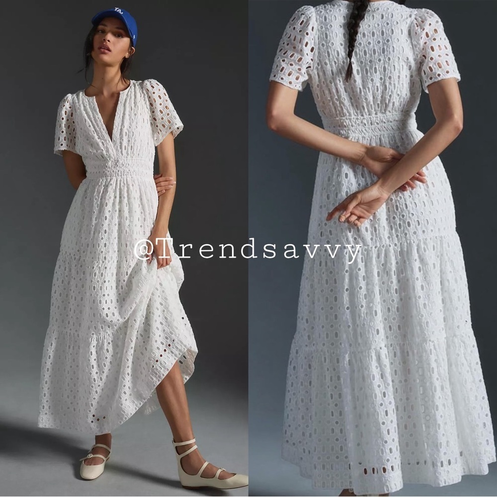 Anthropologie Somerset White Eyelet Maxi Dress Small Smocked Bridal Garden Party